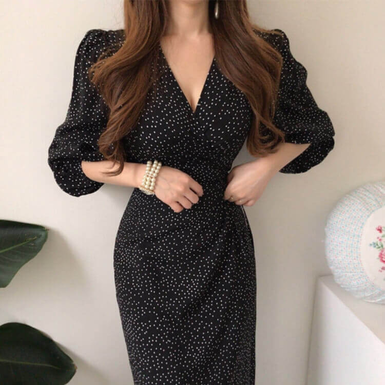 ボリューム 5分袖 ロング丈 ドット柄 ラップワンピース