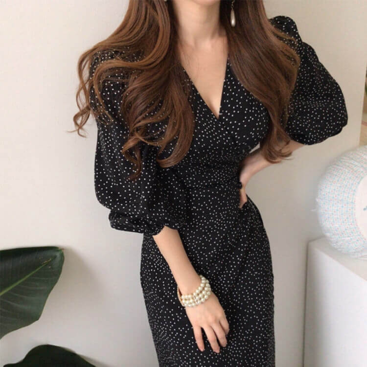 ボリューム 5分袖 ロング丈 ドット柄 ラップワンピース