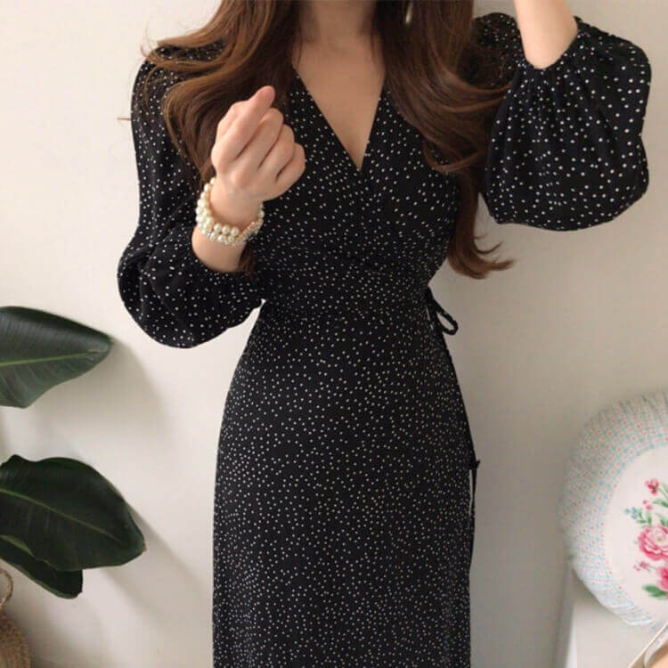 ボリューム 5分袖 ロング丈 ドット柄 ラップワンピース