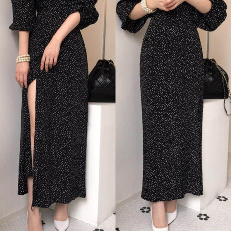 ボリューム 5分袖 ロング丈 ドット柄 ラップワンピース