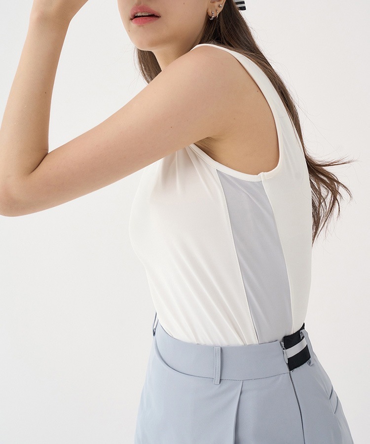 韓国ゴルフウェア 配色 モックネック ノースリーブシャツ