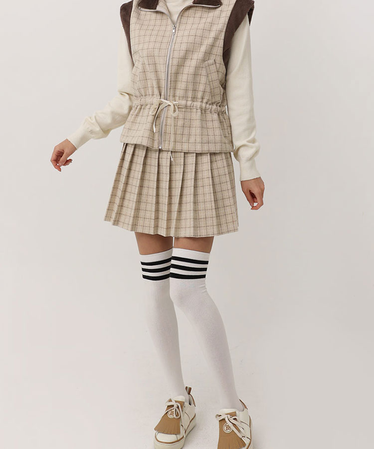 チェック柄 切り替え プリーツ スカート 韓国ゴルフウェア