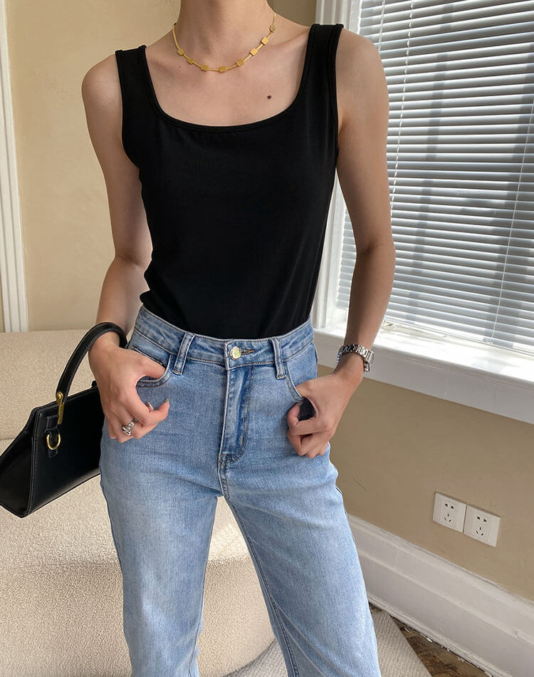 スクエアネック 幅広肩紐 タンクトップ