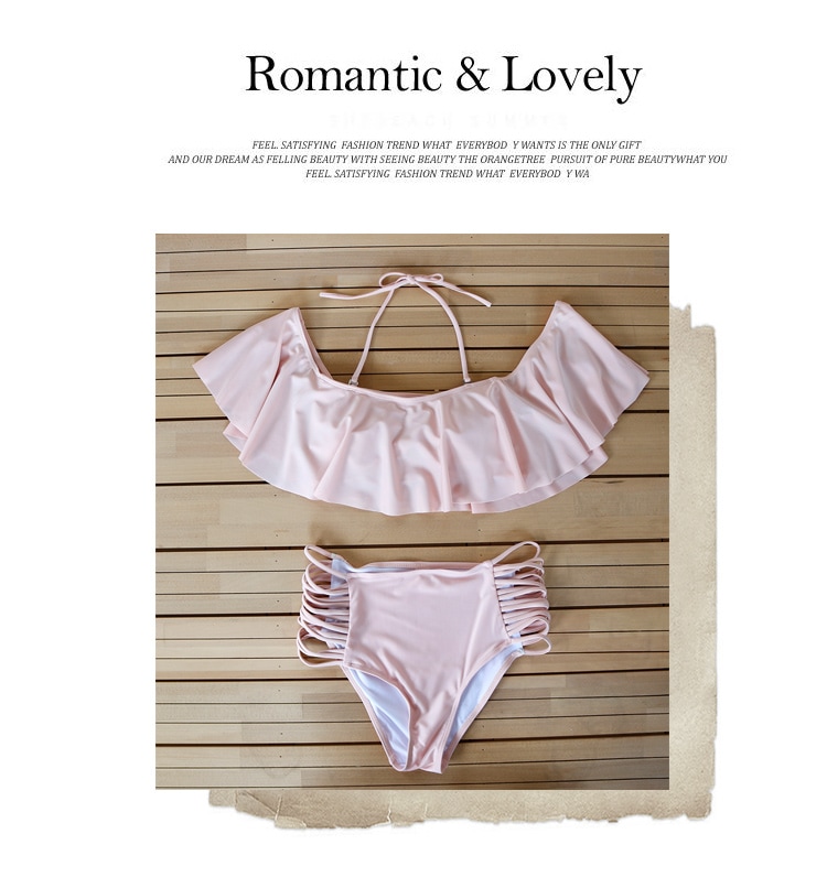 ホルターストラップ付 幅広フリルのオフショルダービキニ