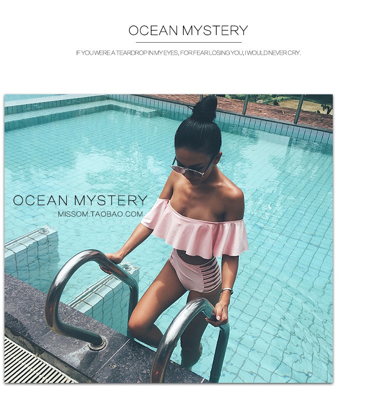 ホルターストラップ付 幅広フリルのオフショルダービキニ