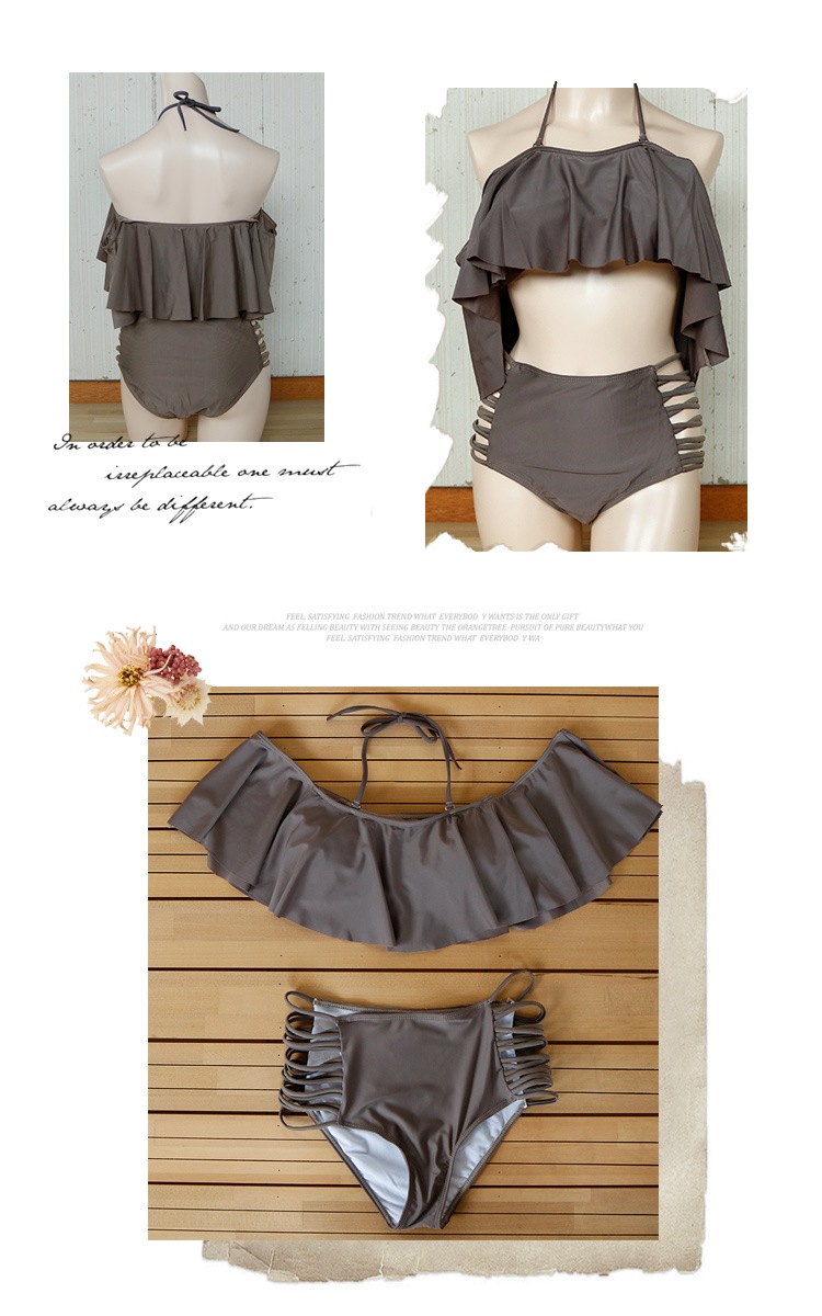 ホルターストラップ付 幅広フリルのオフショルダービキニ