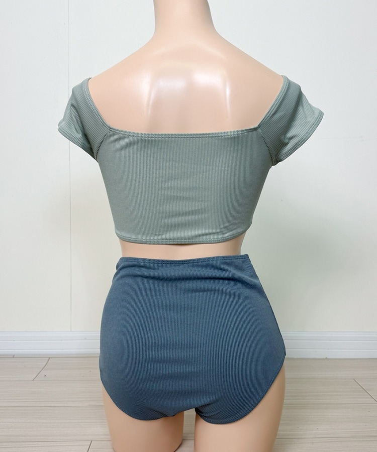 半袖 ハイウエスト バイカラー ビキニ 水着

