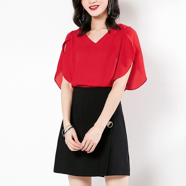 チューリップ袖 スリット フレア スリーブ シフォン ブラウス