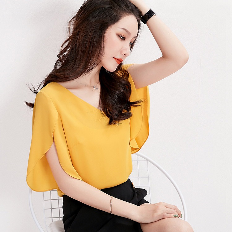 チューリップ袖 スリット フレア スリーブ シフォン ブラウス