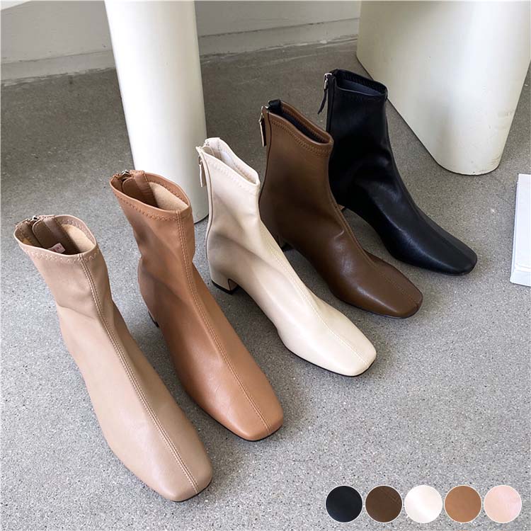 スクエアトゥ フィット ローヒール ショートブーツ