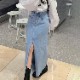 ウエストデザイン フロントスリット デニム ロングスカート