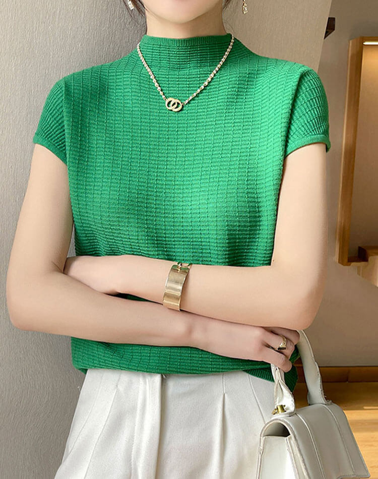 サマーニット 半袖 ハイネック トップス レディース

