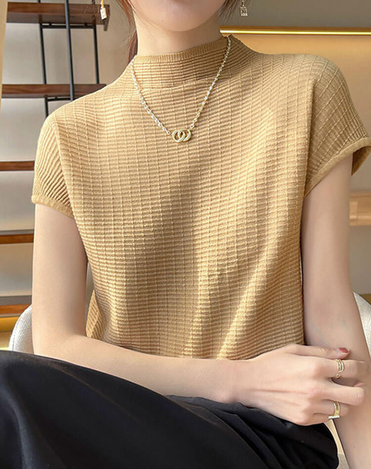 サマーニット 半袖 ハイネック トップス レディース

