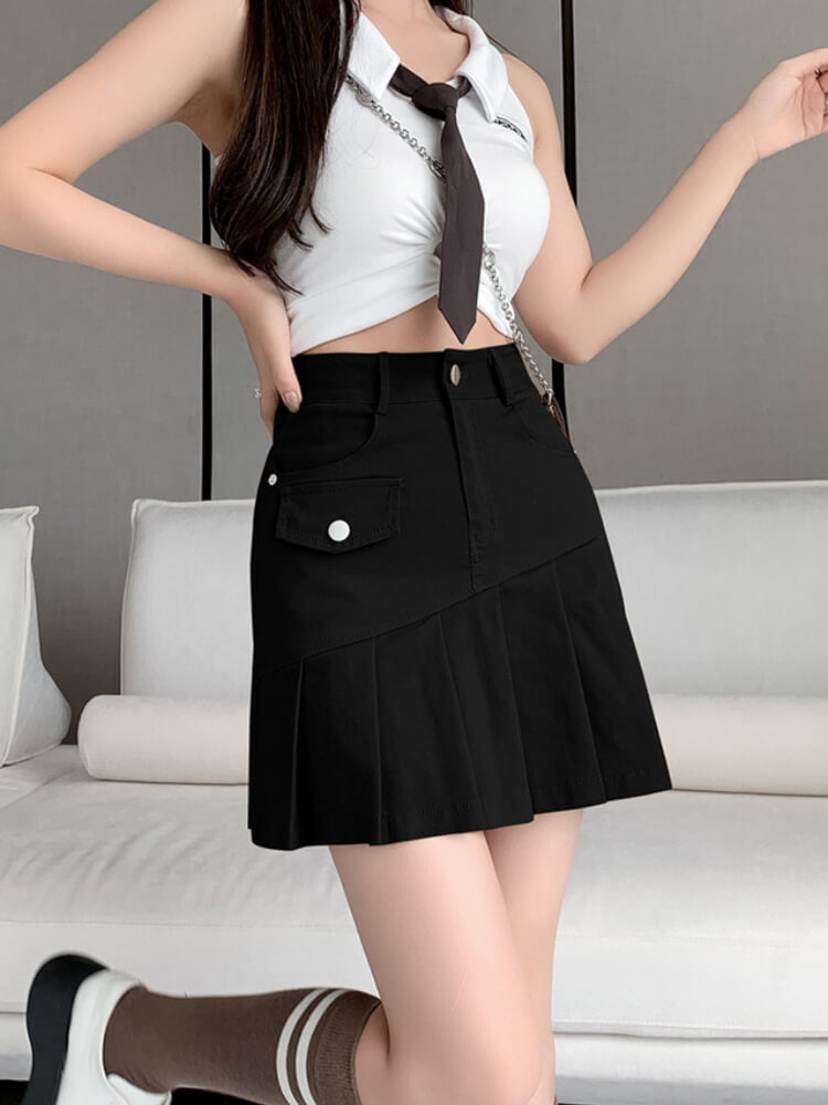 アシンメトリー プリーツ切り替え チノスカート