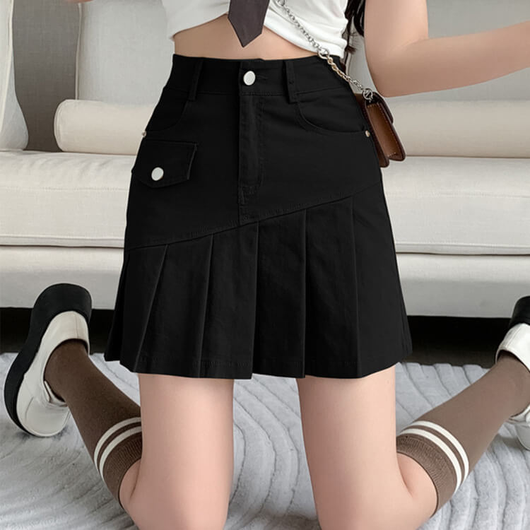 アシンメトリー プリーツ切り替え チノスカート