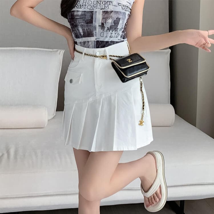 アシンメトリー プリーツ切り替え チノスカート