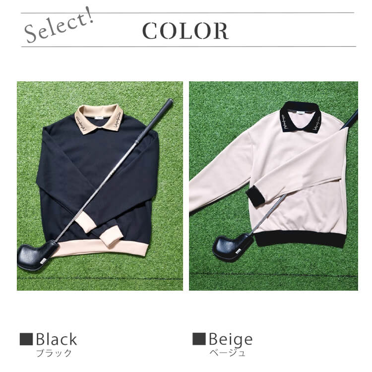 韓国ゴルフウェア バイカラーロゴ襟 長袖 Ｔシャツ