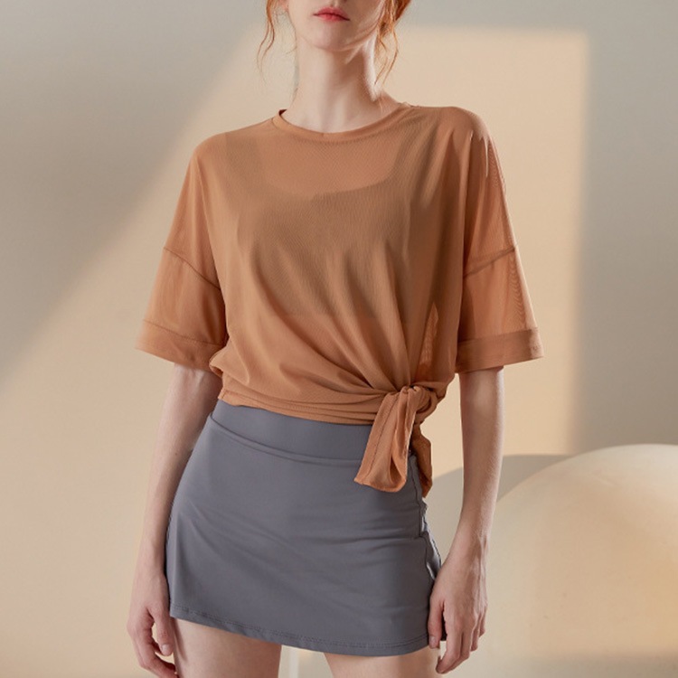 ロング丈 シースルー 速乾 スポーツ ５分袖Tシャツ