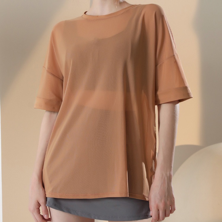 ロング丈 シースルー 速乾 スポーツ ５分袖Tシャツ