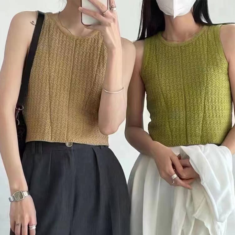 鹿の子編み ノースリーブ ニット タンクトップ