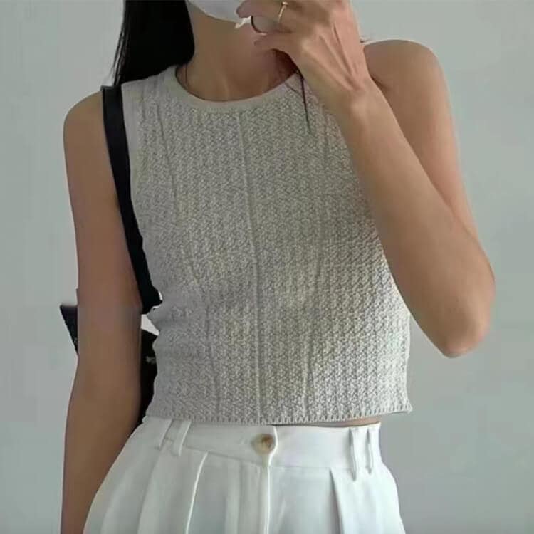 鹿の子編み ノースリーブ ニット タンクトップ