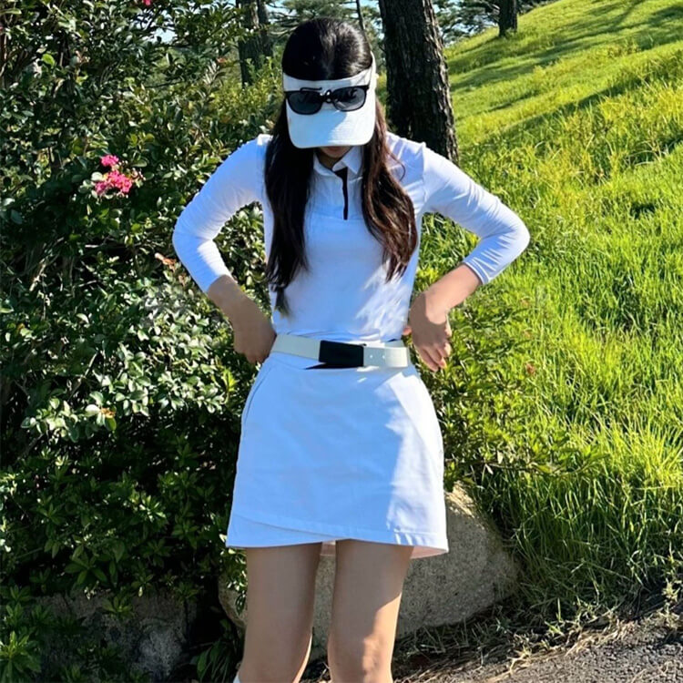 韓国ゴルフウェア バイカラー 長袖 ポロシャツ トップス