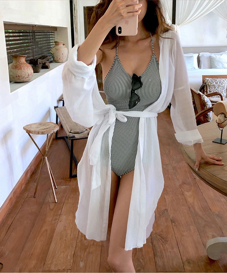 バックレースアップ ストライプ柄 ワンピース 水着