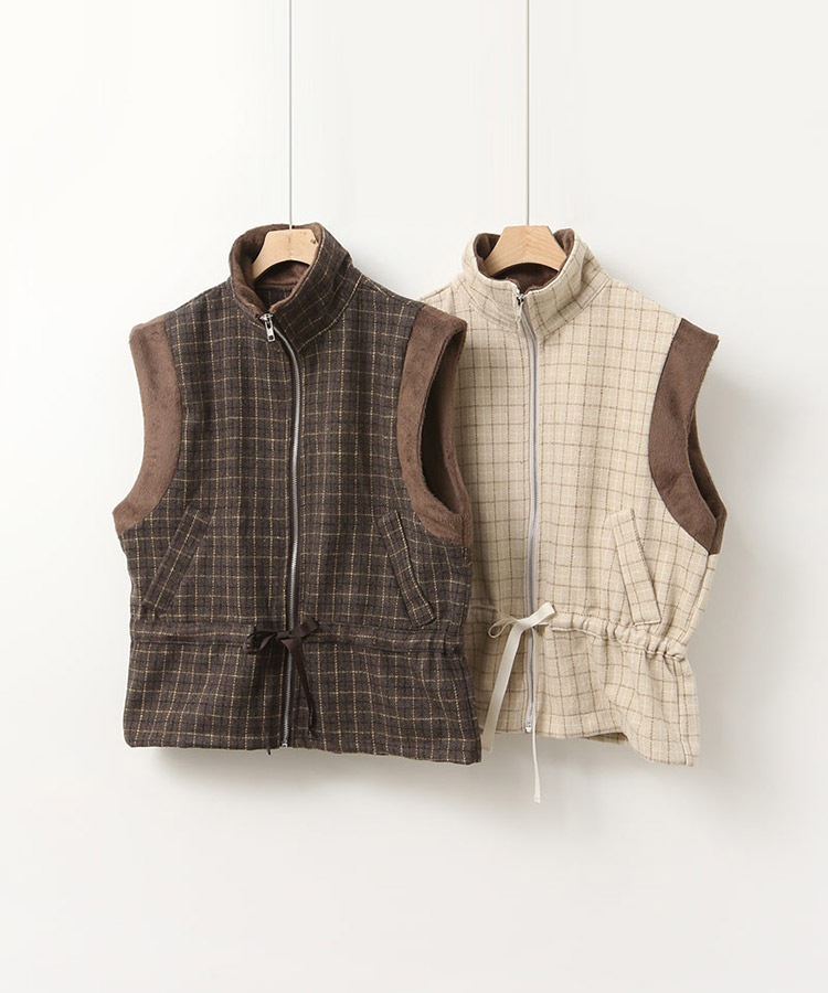 チェック柄 配色 ファー ジップアップ ベスト 韓国ゴルフウェア