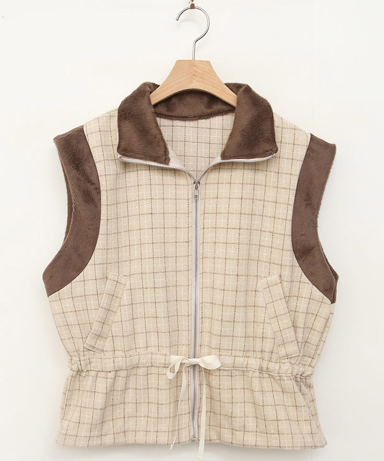 チェック柄 配色 ファー ジップアップ ベスト 韓国ゴルフウェア
