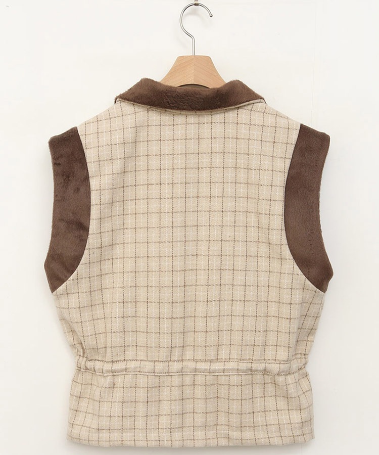 チェック柄 配色 ファー ジップアップ ベスト 韓国ゴルフウェア