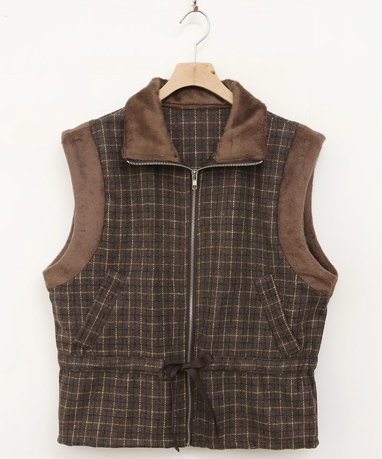 チェック柄 配色 ファー ジップアップ ベスト 韓国ゴルフウェア