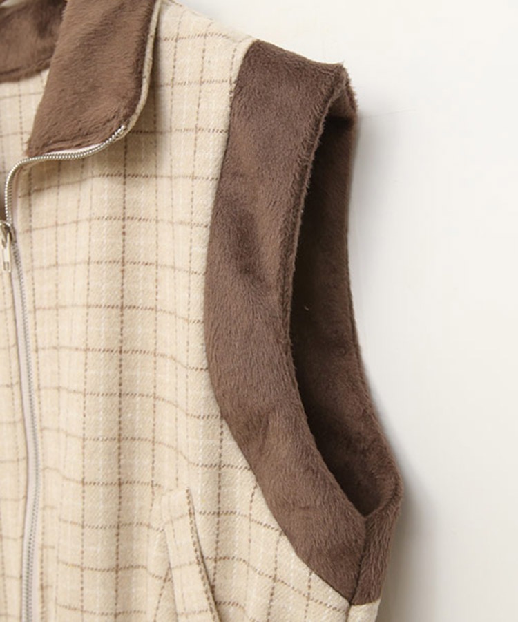 チェック柄 配色 ファー ジップアップ ベスト 韓国ゴルフウェア
