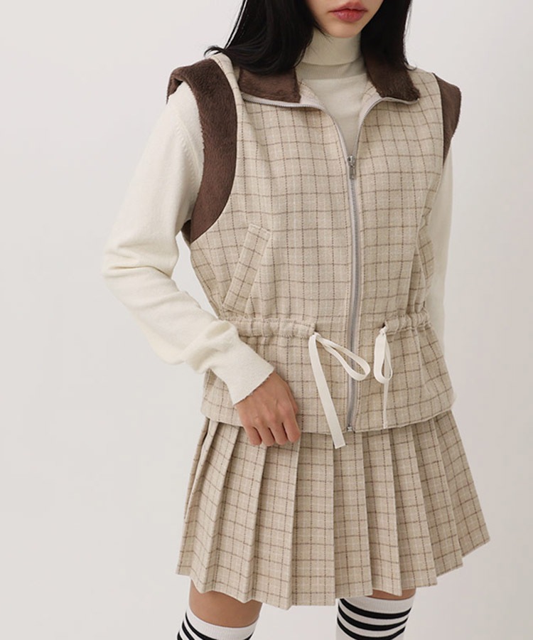 チェック柄 配色 ファー ジップアップ ベスト 韓国ゴルフウェア