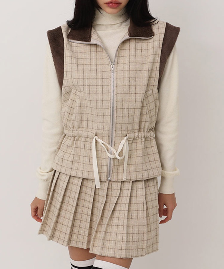 チェック柄 配色 ファー ジップアップ ベスト 韓国ゴルフウェア