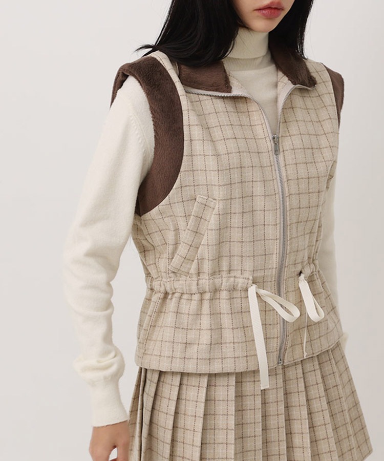 チェック柄 配色 ファー ジップアップ ベスト 韓国ゴルフウェア