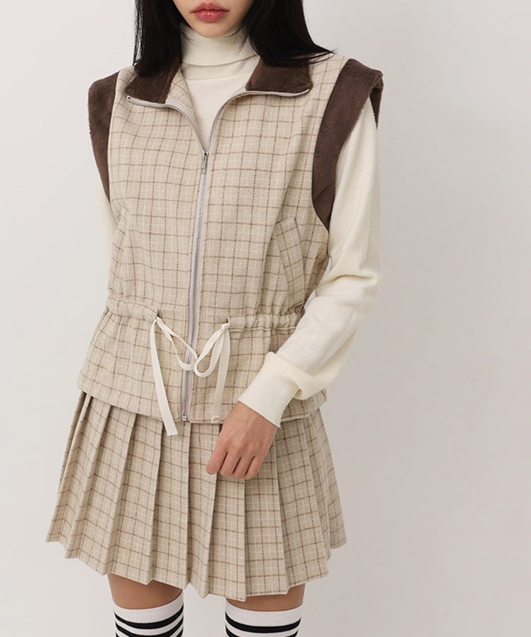チェック柄 配色 ファー ジップアップ ベスト 韓国ゴルフウェア