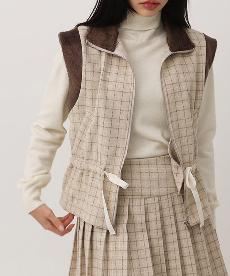 チェック柄 配色 ファー ジップアップ ベスト 韓国ゴルフウェア
