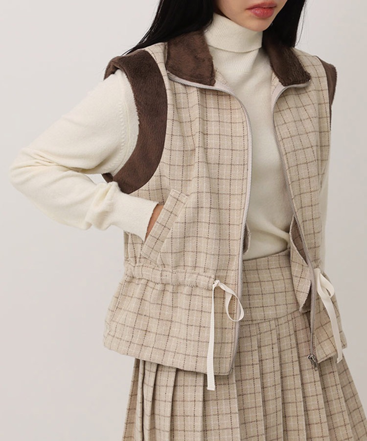 チェック柄 配色 ファー ジップアップ ベスト 韓国ゴルフウェア