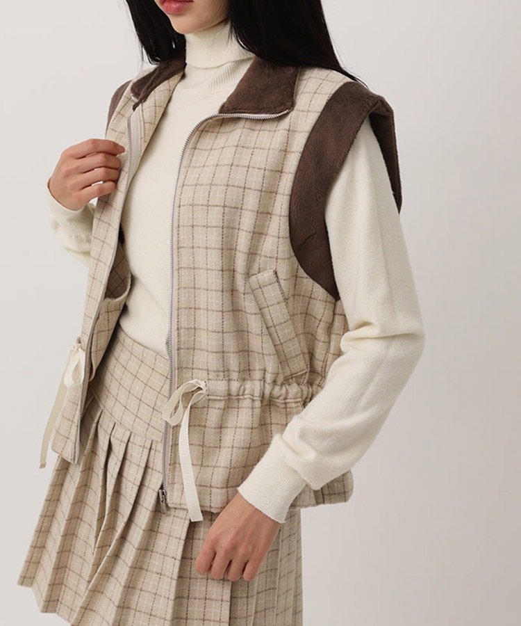 チェック柄 配色 ファー ジップアップ ベスト 韓国ゴルフウェア