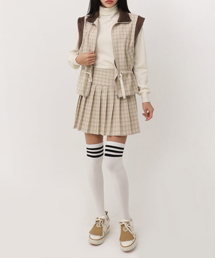 チェック柄 配色 ファー ジップアップ ベスト 韓国ゴルフウェア