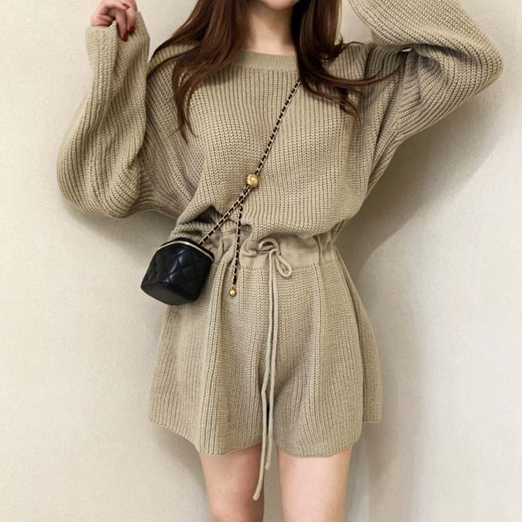 長袖 ショート ニット サロペット
