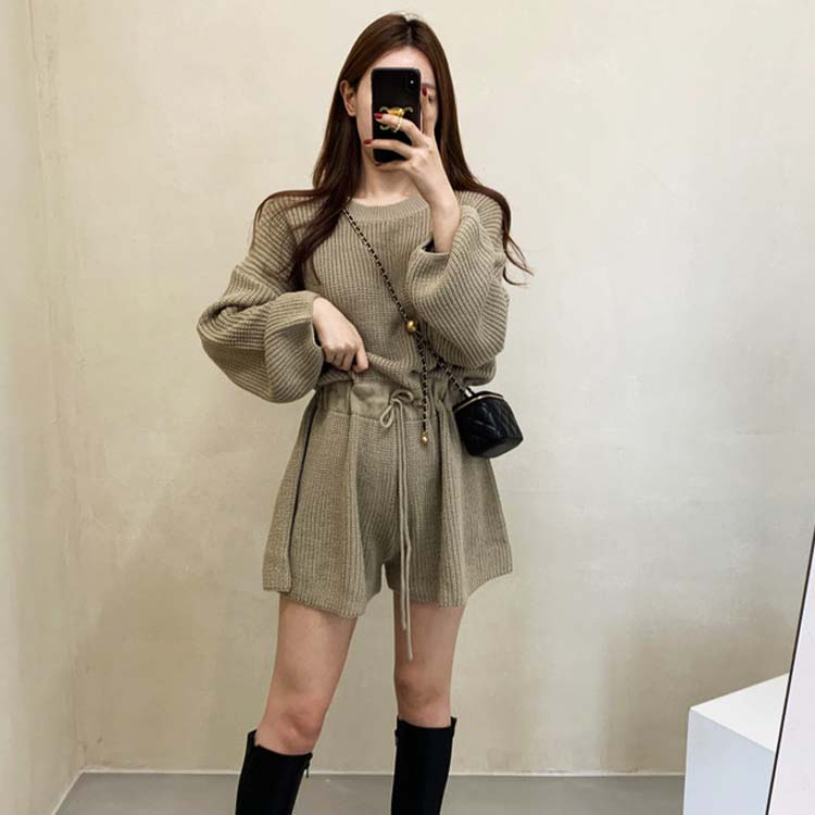 長袖 ショート ニット サロペット