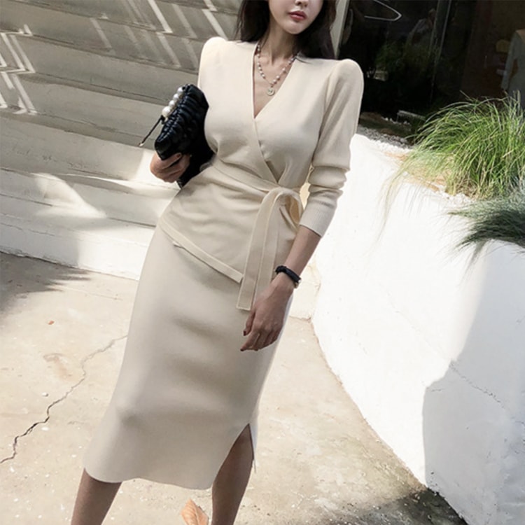 カシュクールニット ミモレ丈 タイトスカート ニットアップ