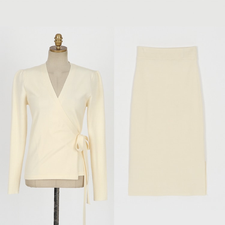 カシュクールニット ミモレ丈 タイトスカート ニットアップ