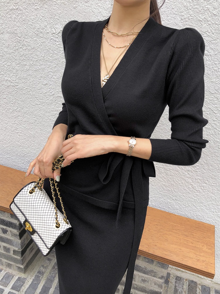 カシュクールニット ミモレ丈 タイトスカート ニットアップ