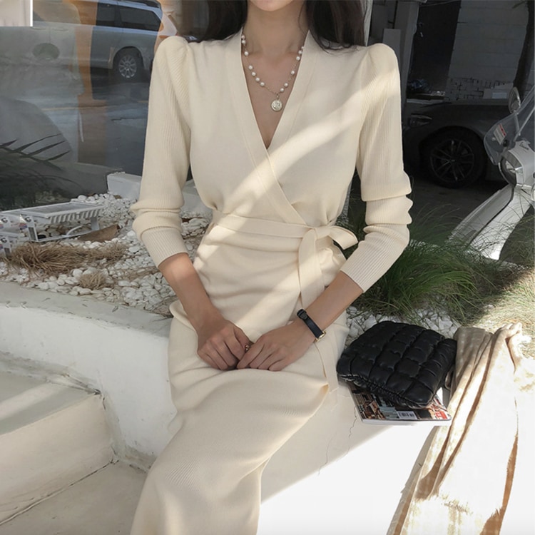 カシュクールニット ミモレ丈 タイトスカート ニットアップ