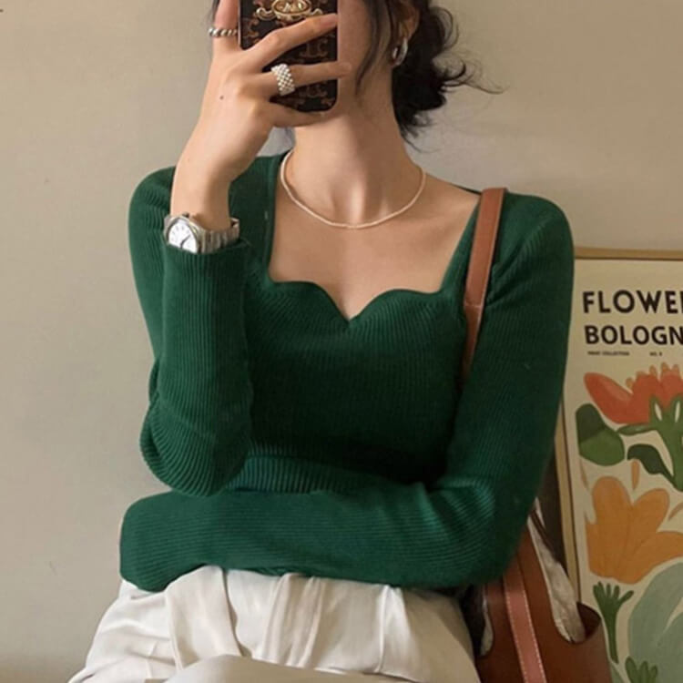 ハートシェイプドネック 長袖 リブニットトップス