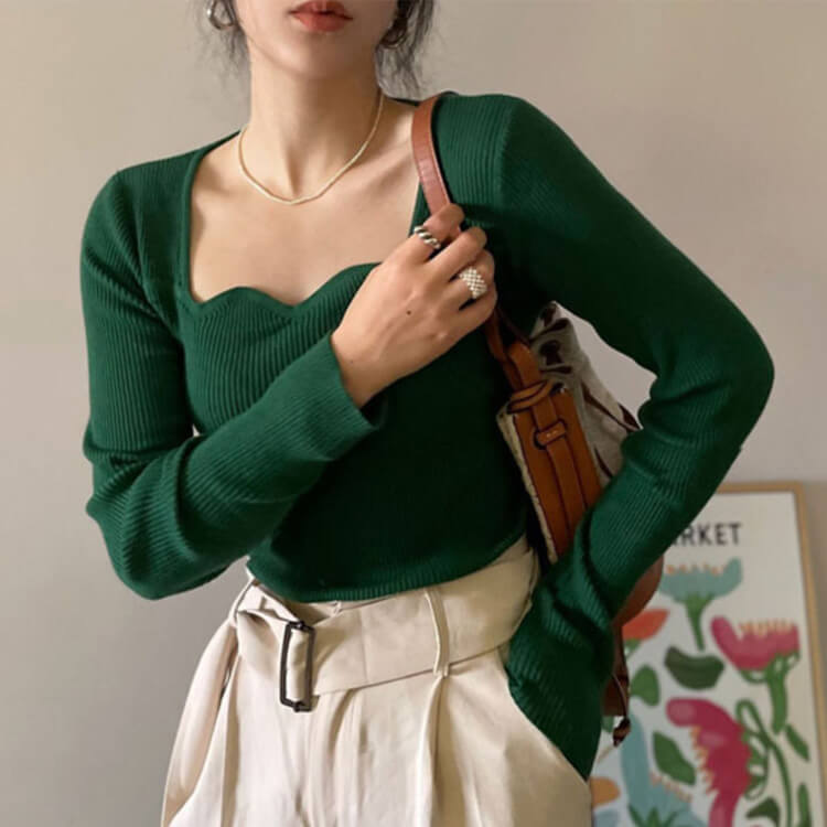 ハートシェイプドネック 長袖 リブニットトップス