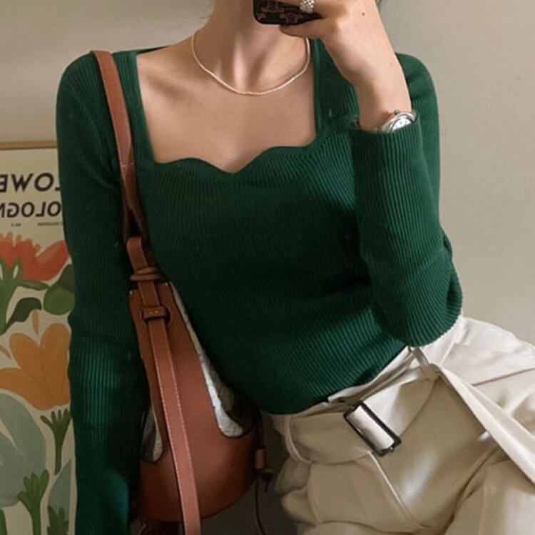 ハートシェイプドネック 長袖 リブニットトップス