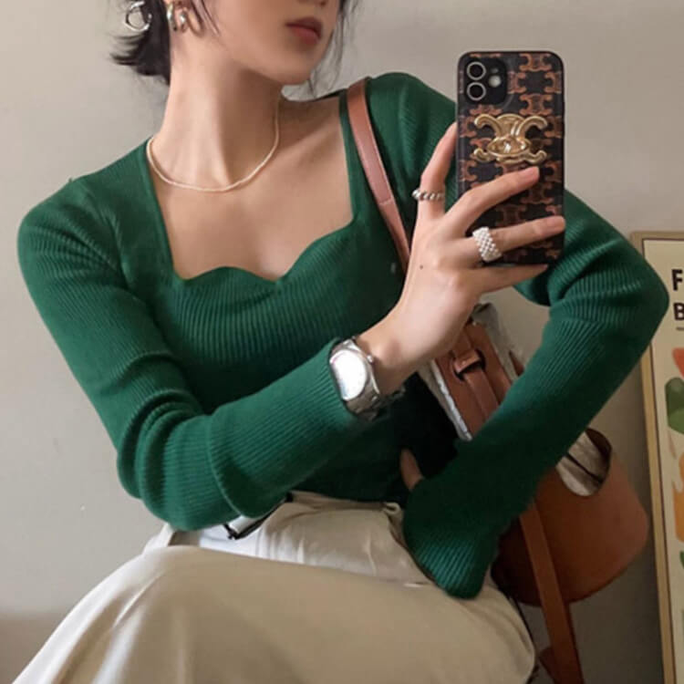 ハートシェイプドネック 長袖 リブニットトップス